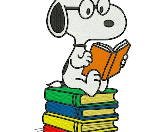 Snoopy Sitting on Books Stack Machine Embroidery Design, Cute Cartoon Reading Book School File, Digital Download DST PES