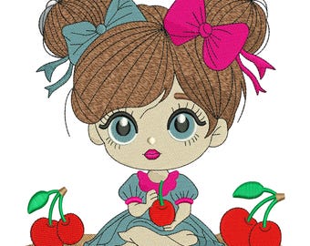 Cute Girl bow with Cherries Machine Embroidery Design, Cute Cartoon Doll File, Digital Download DST PES EXP