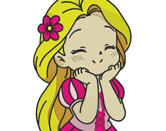 Chibi Princess Floral Machine Embroidery Design, Cute Floral Cartoon File, Digital Download DST PES EXP