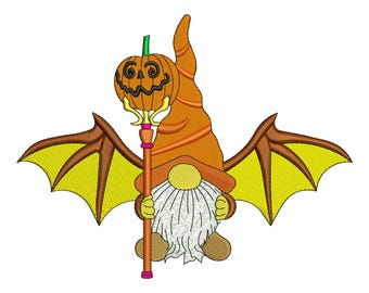 ハロウィンノームパンプキン刺繍デザイン、吸血コウモリの羽ファイル、デジタルダウンロードDST PES