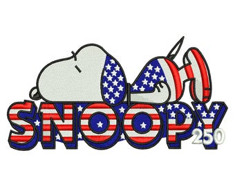 Diseño de bordado a máquina patriótico Snoopy America 250, perro durmiendo, bandera de EE. UU. del 4 de julio, archivo de descarga digital DST PES