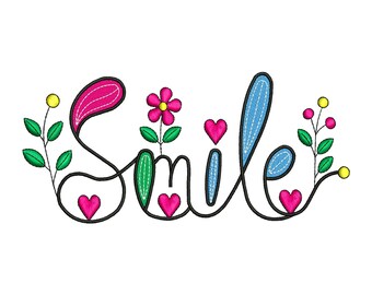 Smile Floral Machine Embroidery Design, Cute Spring flower and heart File, Digital Download DST PES EXP