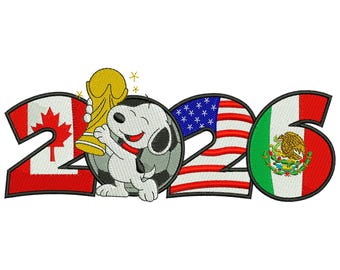 Diseño de bordado a máquina del trofeo de la Copa Mundial de Snoopy • Torneo de fútbol 2026 • Descarga instantánea DST PES