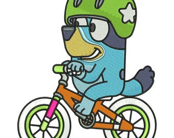 Diseño de bordado a máquina de Bluey montando en bicicleta • Archivo de perro de dibujos animados divertido • Descarga instantánea DST PES EXP