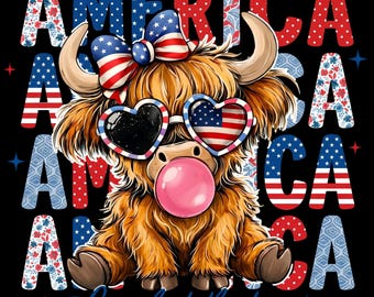 Highland Cow 4th July Bow Png, Patriotic America Land of the Free Sublimation, USA Independence Cowgirl Png, Instant Download