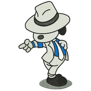 May include: An embroidered patch featuring a cartoon dog character wearing a white fedora with a black band, a white suit jacket, and a blue shirt. The character is in a dynamic pose with one arm extended, wearing black shoes and standing on a gray oval.