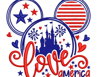 Love America Patriotic Disney Mouse Ears Machine Embroidery Design, 4th of July Celebration File, Digital Download DST PES EXP.