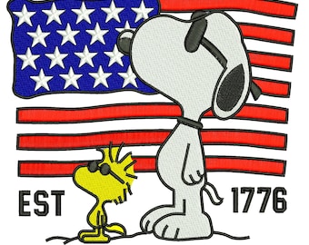 Motif de broderie Machine drapeau américain patriotique Snoopy Bird, fichier de fête de l'indépendance du 4 juillet Cool Cartoon 1776, téléchargement numérique DST