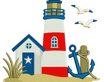 Diseño de bordado a máquina "Lighthouse Summer Beach Vibes", archivo Coastal Cottagecore, descarga digital DST PES EXP