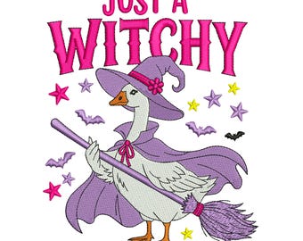 Just a Witchy Goose ハロウィン ミシン刺繍デザイン、かわいい漫画のコウモリファイル、デジタルダウンロード DST PES