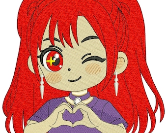 Diseño de bordado a máquina de chica de pelo rojo de anime Huntrix - Archivo de corazón de amor chibi - Descarga digital PES DST.