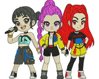 Huntrix Chibi Girls Squad Machine Embroidery Design - Cute Anime Singers Trio File - Digital Download PES DST.