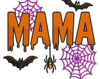 ママハロウィンスパイダーのミシン刺繍デザイン、不気味な季節のコウモリのファイル、デジタルダウンロード DST EXP PES
