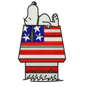 May include: An embroidered patch featuring Snoopy, the beloved cartoon character, lying atop his doghouse. The doghouse is designed with the American flag, showcasing red and white stripes and a blue field with white stars. The patch is a patriotic design.
