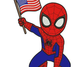 スパイダーアメリカ国旗ミシン刺繍デザイン - 愛国的な7月4日ちびスーパーヒーロー - デジタルダウンロード PES DST