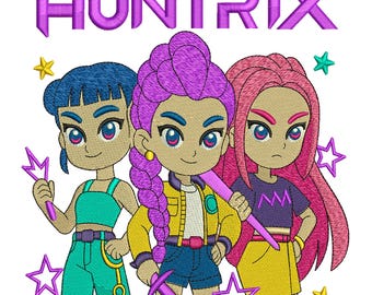 Diseño de bordado Huntrix Anime Girl Squad - Archivo de trío de chicas - Descarga digital PES DST.