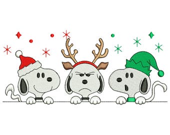 Diseño de bordado a máquina del trío navideño de Snoopy asomándose, archivo de dibujos animados divertido y tierno, descarga digital DST PES EXP