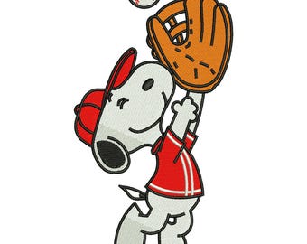 Diseño de bordado a máquina de Snoopy con béisbol, perro de dibujos animados atlético de equipo deportivo, descarga digital DST, EXP, HUS