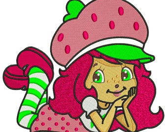 Diseño de bordado a máquina de niña dulce, personaje de dibujos animados de fresa, descarga instantánea DST EXP PES