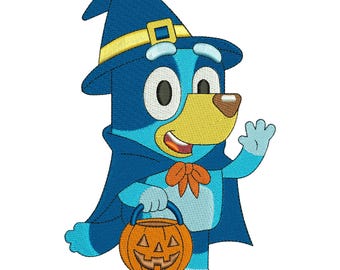 ブルーイ・パンプキン・ドッグ・ハロウィン魔女の機械刺繍デザイン、不気味な季節のかわいい漫画ファイル、デジタルダウンロード DST PES