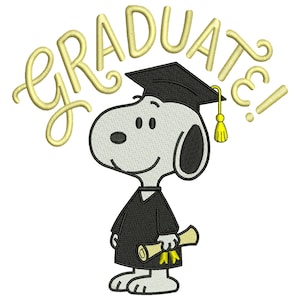 May include: An embroidered image of Snoopy, wearing a graduation cap and gown, holding a diploma. The word "GRADUATE!" is embroidered in gold above Snoopy. The image is a cheerful celebration of graduation.