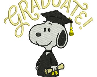 Diseño de bordado a máquina de graduación de Snoopy, perro de dibujos animados para celebración de graduación escolar, descarga digital DST PES