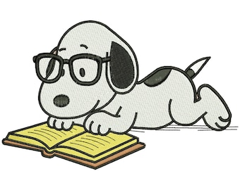 Snoopy Reading Book Glasses Machine Embroidery Design, Cute Cartoon Book Lovers File, Digital Download DST PES