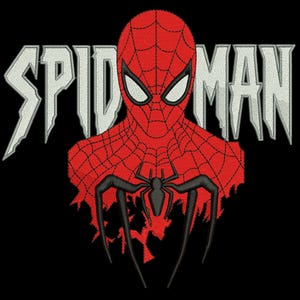 May include: Embroidered design of Spider-Man on a black background. The superhero's red mask and costume are detailed with black webbing and a black spider emblem. The word "SPIDER-MAN" is embroidered in white.