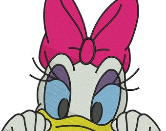 Diseño de bordado a máquina de Daisy Duck asomándose con lazo, archivo de dibujos animados adorable, descarga digital DST, EXP, HUS