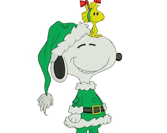 Snoopy Elf Costume with Bird Christmas Machine Embroidery Design, Cute Funny Cartoon File, Digital Download DST PES EXP