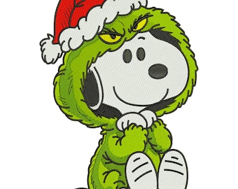 Diseño de bordado de Snoopy Dog con diseño del Grinch - Lindo archivo de Papá Noel navideño con diseño de cachorro - 3 tamaños - Descarga digital DST PES JEF