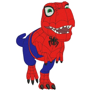 May include: Embroidered design of a red and blue dinosaur in a Spider-Man costume. The dinosaur has a red head with a spiderweb pattern, green eyes, and a black spider emblem on its chest. The legs and tail are blue.