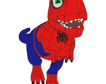 Diseño de bordado a máquina de Spiderman Dinosaurio, archivo de animal chibi, descarga instantánea DST, EXP, PES