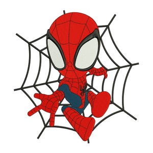 Puede incluir: Una figura de Spider-Man de estilo caricatura, con un traje rojo y azul, colgada de una telaraña negra. El personaje tiene ojos blancos grandes y está en una pose dinámica, con los brazos y las piernas extendidos. La imagen está sobre un fondo blanco.