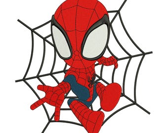 Spider Kid con traje rojo y telaraña – Lindo diseño de bordado de superhéroe – Descarga digital para niños, inspirado en cómics, patrón de bordado de aventuras