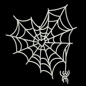May include: White spiderweb design with a heart-shaped center and a dangling spider on a black background. The web has a detailed, intricate design, perfect for Halloween or gothic-themed crafts.