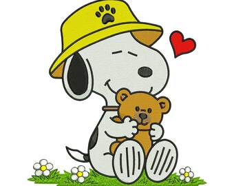 Snoopy Hat with Teddy Bear Love Floral Machine Embroidery Design, Cute Cartoon Puppy File, Digital Download DST PES EXP