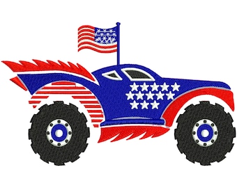 Diseño de bordado a máquina de la bandera de EE. UU. con Monster Truck, archivo patriótico del 4 de julio, descarga digital DST PES.