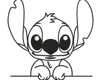 Diseño de bordado divertido de Stitch asomándose • Archivo de arte lineal de dibujos animados lindos • Descarga digital instantánea PES DST.
