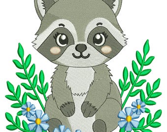 Diseño de bordado a máquina de mapache bebé, archivo de animal de dibujos animados adorable, descarga digital DST PES