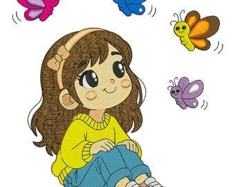 Little Girl with Colorful Butterflies Machine Embroidery Design, Cute Sweet Cartoon Gardan File, Digital Download DST PES EXP