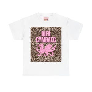 Difa Cymraeg tee | Pink Welsh Dragon on Leopard Print