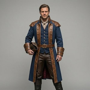 Peut inclure: Un long manteau bleu et marron avec des détails en cuir, une ceinture assortie et un pantalon en cuir marron. Le manteau présente des boutons dorés et des détails en cuir sur les épaules et les poignets. La personne porte des bottes noires et tient un chapeau.