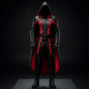 Zwart en rood lederen cosplay-outfit in Assassin-stijl, zwart lederen Assassin Cape-kostuum met capuchon, handgemaakte superheld-cosplay trenchcoatmantel