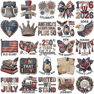 Op de afbeelding: Een verzameling patriottische afbeeldingen in rood, wit en blauw, met de Liberty Bell, Amerikaanse vlaggen en vuurwerk. Tekst bevat 'Vrijheid' en 'Vieren', ter viering van de Amerikaanse geschiedenis en 4 juli.