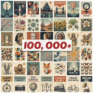Op de afbeelding: Een verzameling vintage kunstprints met illustraties van reisbestemmingen, dierenriemtekens, natuur en inspirerende citaten. De prints zijn in verschillende kleuren en ontwerpen, met de tekst "100,000+" in het midden.
