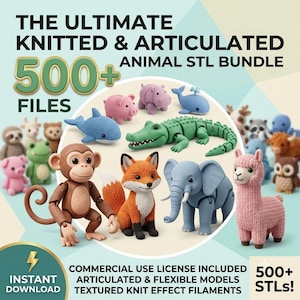 Op de afbeelding: Een digitaal pakket met meer dan 500 STL-bestanden van gearticuleerde dierenfiguren met een gebreid textuureffect. De collectie bevat een aap, vos, olifant, lama, krokodil, walvis en diverse andere dieren in verschillende kleuren.