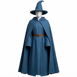 Disfraz de mago azul hecho a mano / Conjunto de túnica de mago de fantasía / Capa de mago con capucha / Atuendo de mago medieval para Halloween, cosplay y LARP