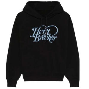 May include: Black hoodie with the text "Hurt Breaker" in a light blue, cursive font across the chest. The hoodie has a drawstring and a hood. The sweatshirt is made of a soft material.