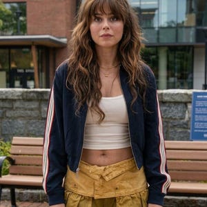 May include: A navy blue zip-up bomber jacket with white and red stripes along the sleeves, worn over a white ribbed tank top and mustard yellow cargo-style pants with a folded waistband detail. The jacket features a silver zipper and ribbed cuffs.